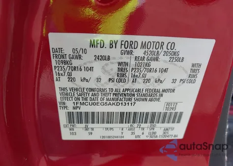 2010 Ford Escape Limited from USA, damaged, VIN 1FMCU0EG5AKD13117